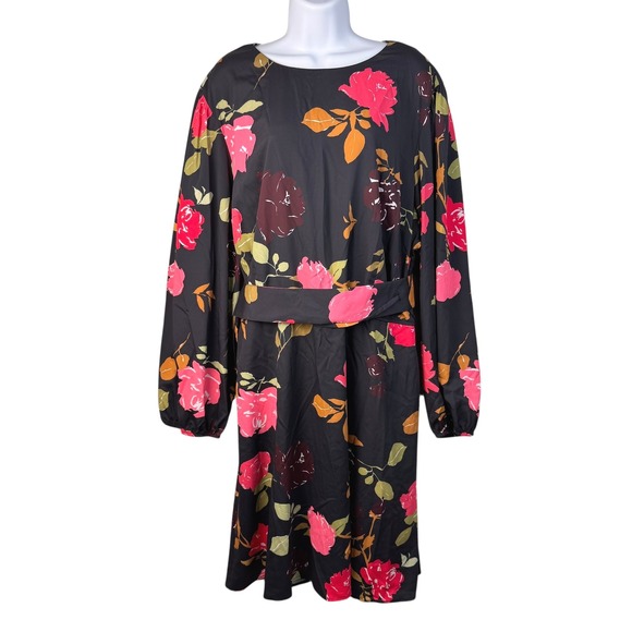 Eshakti Dress Women's 24W Floral Print Black Long Sleeve Knee Length Belted - Picture 4 of 16